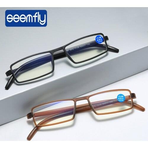 Seemfly Anti Blue Light Square Reading Glasses TR90 Flexible Frame Eyeglasses Women Men Eyewear Diopter With +1.0 2 2.5 3 3.5 4