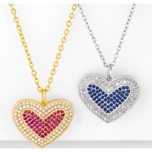Red Heart Necklaces For Women Stone Heart CZ Pendant Necklace Copper Cubic Zirconia Trendy Rainbow Jewelry Women Gifts nkeq75
