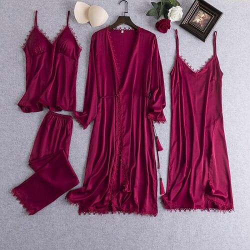 Pajamas For Women 4 Pcs Pajams Set Satin SIlk Sexy Home Clothes Summer Sleepwear Female Thin Long Sleeve Pyjamas Suit