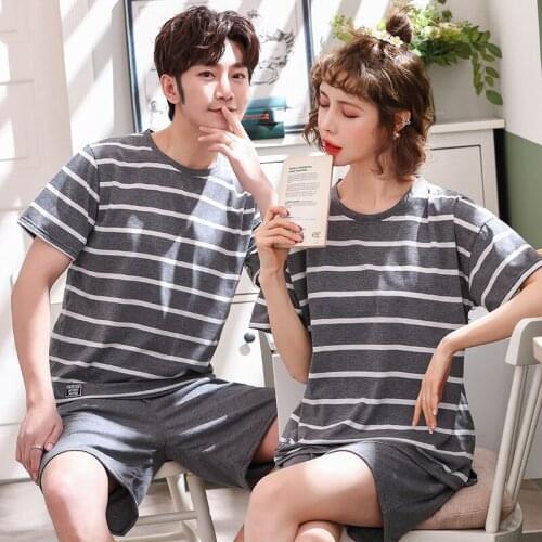 Summer Cotton Striped Couple Pajamas Short Sleeve Round Neck Sleepwear Suits Loose Casual Soft Plus Size M-3XL Lovers Pyjamas