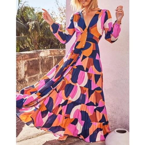 GypsyLady Floral Printed Maxi Dress Vintage Chic Autumn Boho Holiday Dress Women Button Front Long Sleeve Ruffles Ladies Dresses