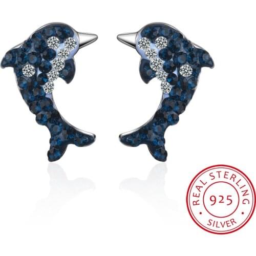 Blue Shine Crystal Dolphin Stud Earrings oorbellen Trendy 925 Sterling Silver Earrings For Women Gift S-E720