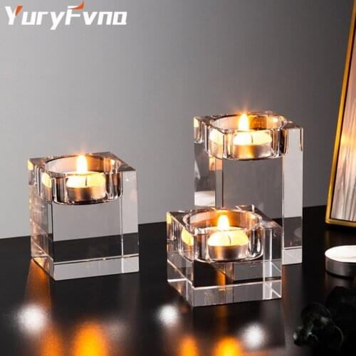 YuryFvna Clear Square Glass Candle Holder Elegant Solid Wedding Crystal Candlestick Centerpiece Home Decoration Gift
