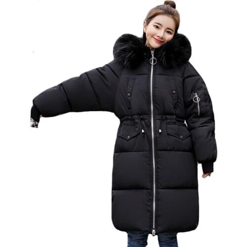 Women long jacket 2021 winter oversized solid parka slim thick with fur collar hooded casual outwear coat femme chaqueta mujer