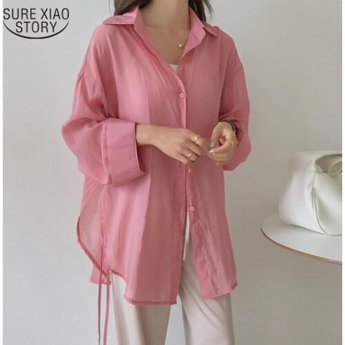 2021 New Sunscreen Womans Blouses Summer Solid Color Shirt Female Vintage Korean Long Sleeve Wild Polo Collar Coat 10003