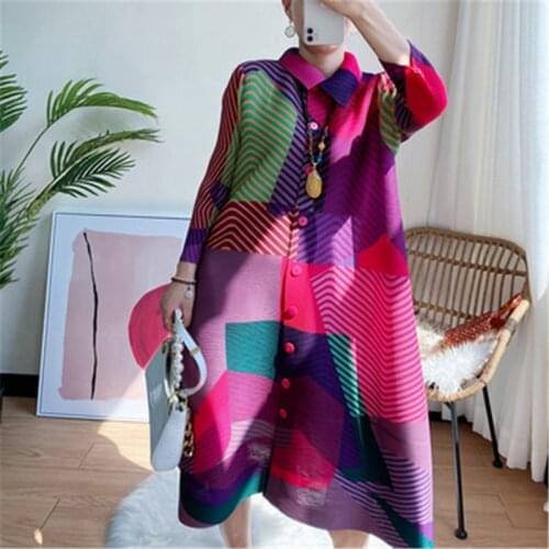 Cardigan Dress Female 2021 Summer Polo Stand Collar Dress Pleated Fashion Loose Mid-length Printed Large Size Clothes Vestidos