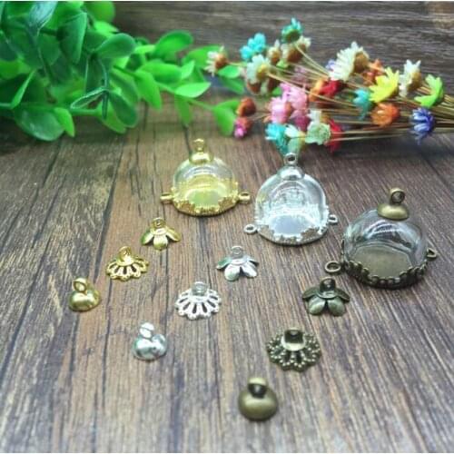 20sets/lot 15mm half round glass dome setting metal base cap set glass vial pendant jewelry glass globe bottle necklace pendants