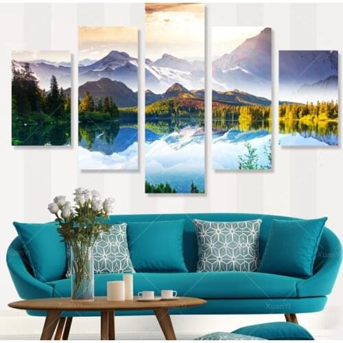 5 Panel Modern Prints Mountain Lake Painting Pictures Cuadros Canvas Art Landscape Paintings For Living Room Unframed PR1044
