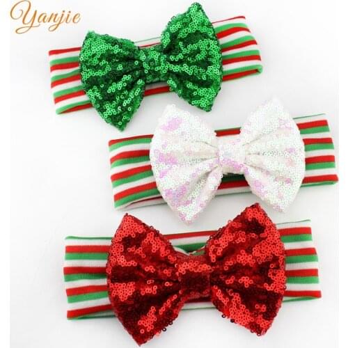 9pcs/lot 2020 New Arrival Christmas Striped Headband 5" Sequins Bows Festival Girl DIY Hair Accessories Party Headwear Boutique