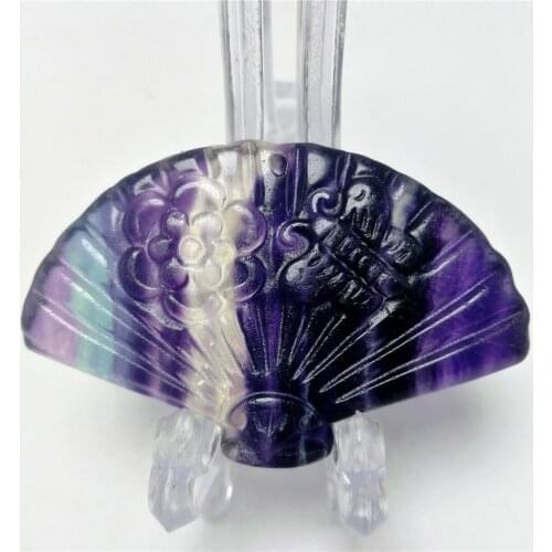 AAAA Natural Fluorite Colorful Gemstone Carved Chinese Fan Shape Stone Pendant Fits Necklace Amulet Energy Jewelry Making 40mm