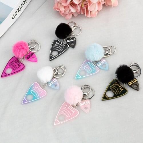 1PC Women Ouija Planchette Keychain Resin Pompom Charms Handbag Keyring With Puffer Ball Punk Board Crafts