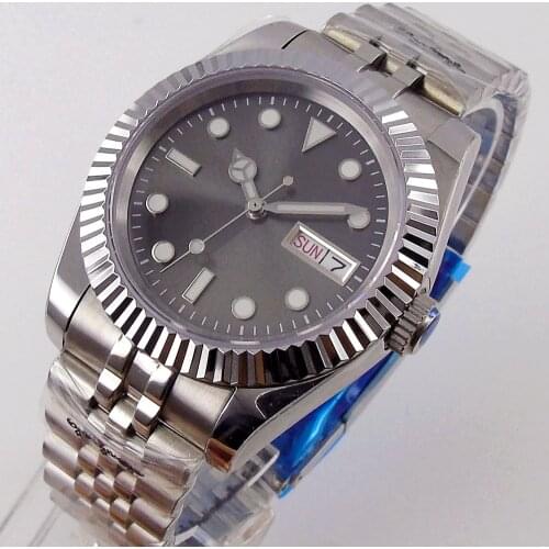 36mm/40mm Sapphire Mens Automatic Watch Japan NH36 Movement Gray Dial Day/Date Display Fix Bezel Jubilee Band Luminous