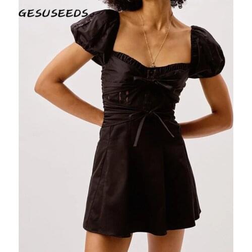 Black Dress Vintage Puff Sleeve Mini Dresses Summer Solid Dress Women Lace Dresses Square Neck Lace Up Boho Dress Korean Style