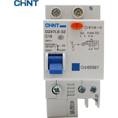CHINT DZ47LE-32 1P+N C16 16A 3kA Household Earth Leakage Circuit Breaker Overload Protectionad Rail