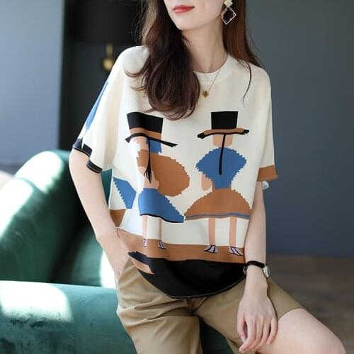 Round-neck printed mulberry silk short-sleeved T-shirt bottomed shirt womens summer 2021 new casual top Tops