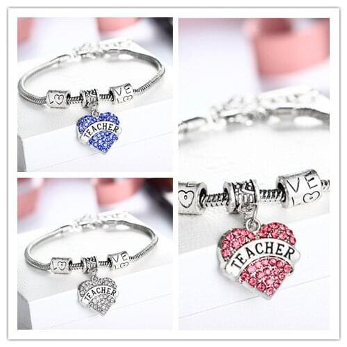 Engraved Teacher Family Gifts Love Heart Rhinestone Crystal Charm Pendant Bangle Bracelet Party Women Lady Jewelry gift