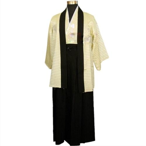 3 Pieces Cosplay Apparel Beige Mens Traditional Japanese Haori KimonoYukata Dramaturgic Costume Clothing One Size 717-12