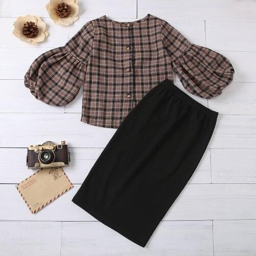 Sweet Girls Spring Autumn Classic Long Puff Sleeves Princess Top + Black Sweater Skirt School Uniform Kids outfit clothing sets