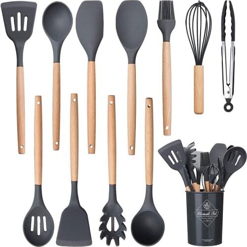 NEW 12PCS Silicone Cooking Utensils Set with Wooden Handle Non-Stick Spatula Shovel With Storage Box Kitchen Tool Accessories