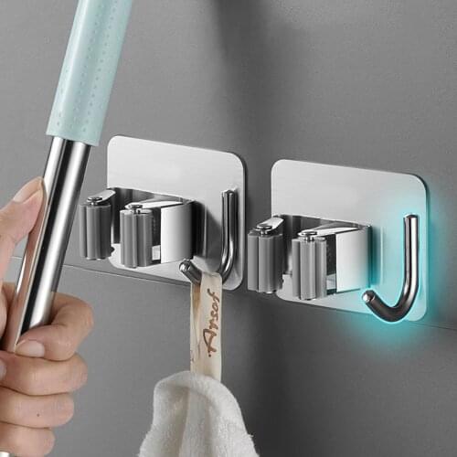 1pc Wall Mounted Broom Holder Stainless Steel Mop Brush Mops Storage Hanger with Hook Multifunctional Kitchen Bathroom Organizer