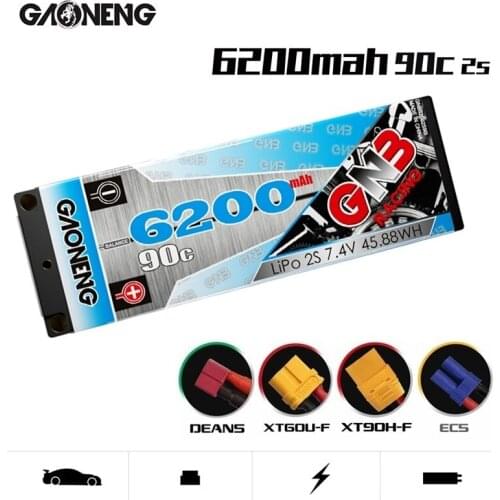 Original GAONENG GNB 7.4V 6200mAh 2S 90C 5.0mm Bullet Hardcase LiPo Battery pack with EC5 XT90 Plug for 1:10 1/10 RC Car RC Boat