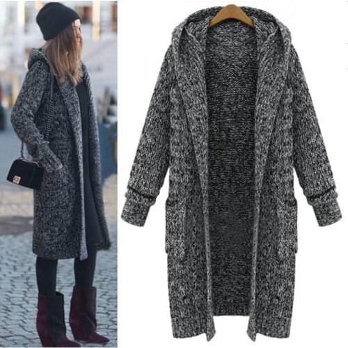 Autumn Winter Office Sweaters Women Long Plus Size Thick Warm Knitted Sweater Cotton Loose Cardigan Hooded Coat Woman Clothes