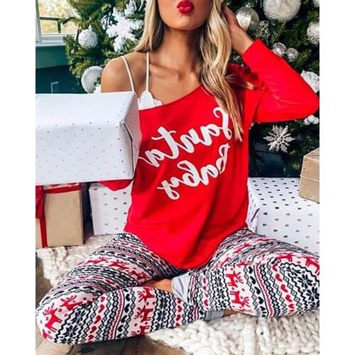 Fall Two Pieces Homewear Christmas Casual Letter Print Long Sleeve Pajamas Set 2021 New Year Festive Sleepwear Top & Pants Suits