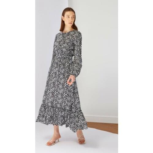 Trendyol Modest Black Belted Print Viscose Dress hijab clothing, dress, muslim fashion, 100 cotton, casual, discount