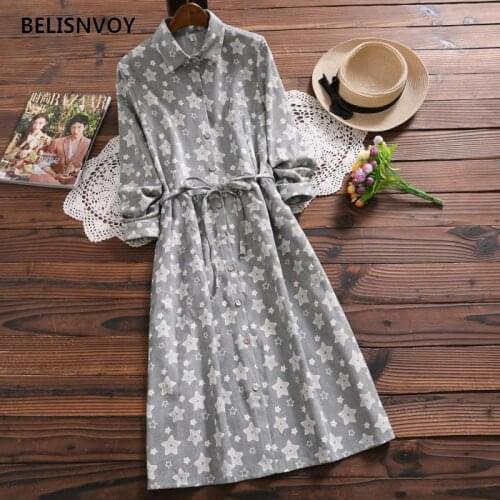 Mori Girl Autumn Winter Women Ruffled Long Shirt Dress Elegant Corduroy Dress Gray Stars Loose Vintage Cardigan Dress