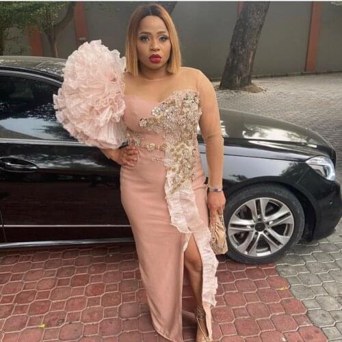 Plus Size Extra Puffy Aso Ebi Prom Dresses Long Sleeves Pleated Ruffles Beaded Front Slit Evening Gowns For Party