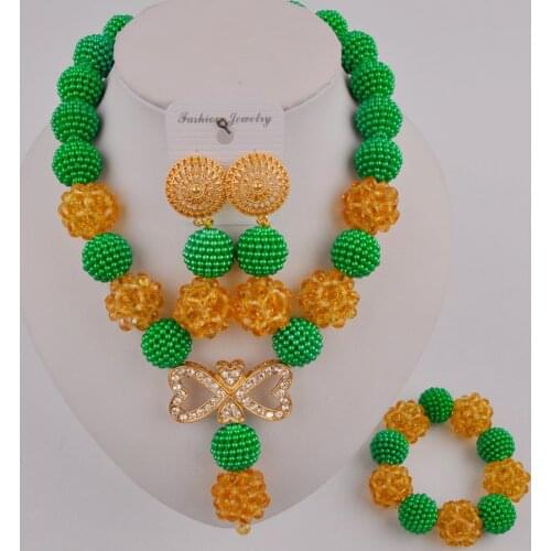 Lovely Green and Champagne Gold African Necklace Beads Sets Nigerian Wedding Jewelry Set SP1-04