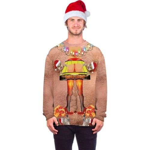 Christmas Clothes Round-Collar Long-Sleeve Top with Funny Chest fur cat digital printing casual T-shirts Men Women Wram Autumn