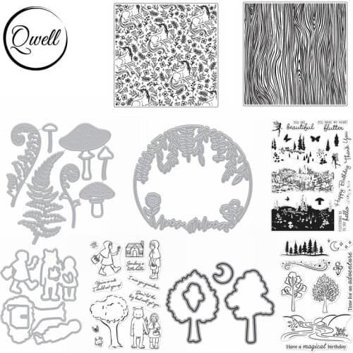 Qwell Cutting Dies Clear Stamps Mushroom Weed Branches Tree Kids River Trail for DIY Scrapbooking Craft Paper Cards 2021