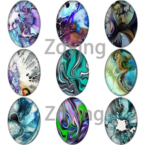 Zdying 10pcs Colorful Water Texture Geometry Pattern Oval Shape Glass Cabochons Beads Demo Flat Back DIY Making Jewelry Findings
