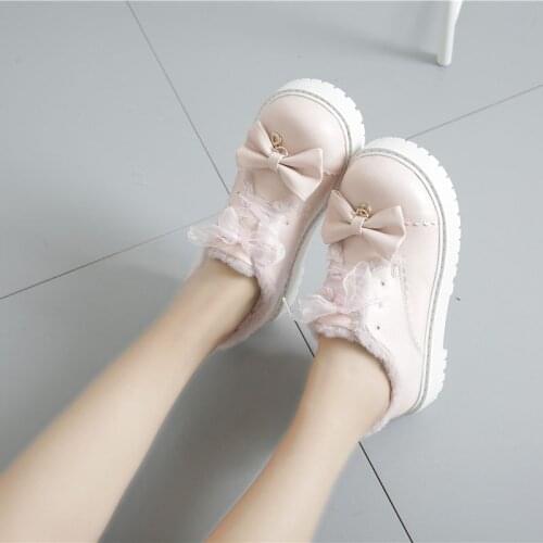 Japanese Winter Round Head Lolita Thick Bottom Cotton Plus Velvet Soft Cute Girl College Cute Sweet Princess Platform Women Shoe