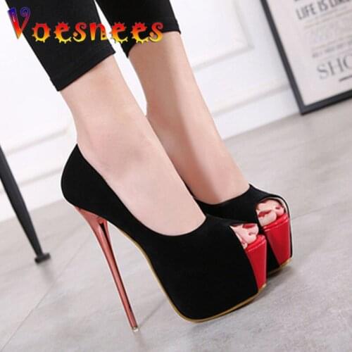 New Flock Women Pumps Sexy Platform Pumps 16Cm High Heels 16CM Stiletto Red Bottom Peep Toe Female Party Shoes sapato feminino