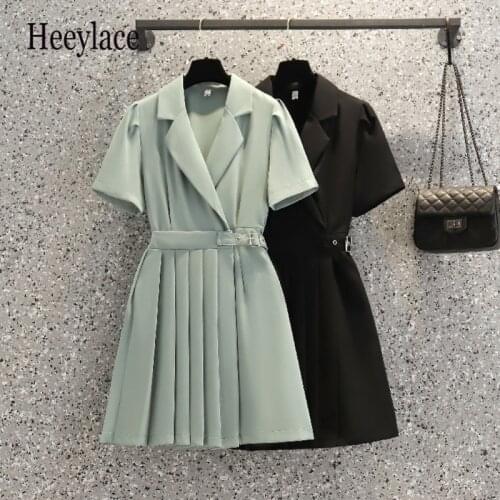 Plus Size Office Ladies 4XL Summer Midi Dresses Women Short Sleeve Notched V neck High Waist Pleated Vestidos De Fiesta 2021