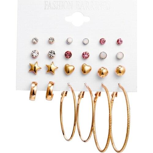 12 pairs/set Gold stud earrings and crystal earrings combination Stud earrings set