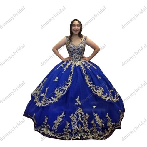 2021 Amazing V neck Royal Blue and Gold Embroidery Quinceanera Cocktail Evening Dresses Sheer Straps Corset Vestido De 15 Cheap