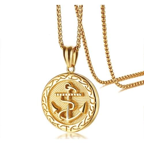 Fashion Anchor Round Stainless Steel Pendant Necklaces for Men 18k Gold Color Chain Cool Trendy Jewelry Hiphop Accessories Gift