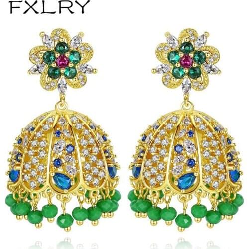 FXLRY New Design Gorgeous Colorful CZ Heart Hollowed Flower Big Dangle Drop Earrings for Women Fashion Jewelry