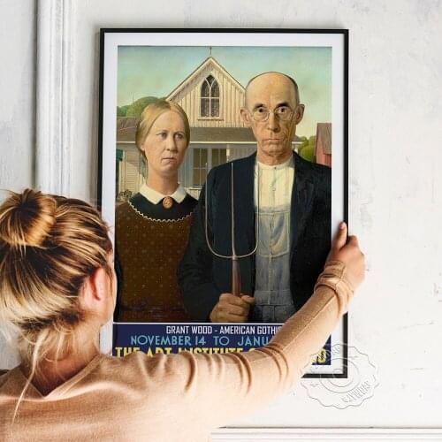 Grant Wood American Gothic Vintage Chicago Exhibition Poster, Nordic Classic Style Couple Canvas Painting, Retro Wall Art Decor