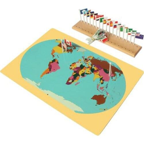 Montessori Materil World Map, Flags and Stand For Kids Early Development Educational Wooden Toy