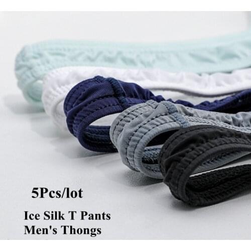 5Pcs/Lot Men Thongs Sexy Gay Underwear Ice Silk T Panties Man G-String Erotic Penis Lingerie Temptation Bikini Solid Plus Size