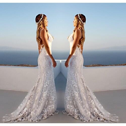 MYYBLE 2021 Charming White Lace Mermaid Bridal Wedding Dresses Deep V Neckline Spaghetti Straps Wedding Gowns for Bride Backless