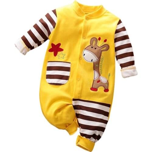 2020 New Spring Autumn Cotton Newborn Baby Giraffe Pocket Design Jumpsuit Romper Pajamas Striped Single-breasted Baby Clothes
