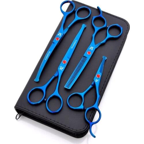 4.5 6.5 inch 5pcs/set 9CR round-headed Professional pet scissors for cat dog grooming Straight thinning Curved Scissors Blue