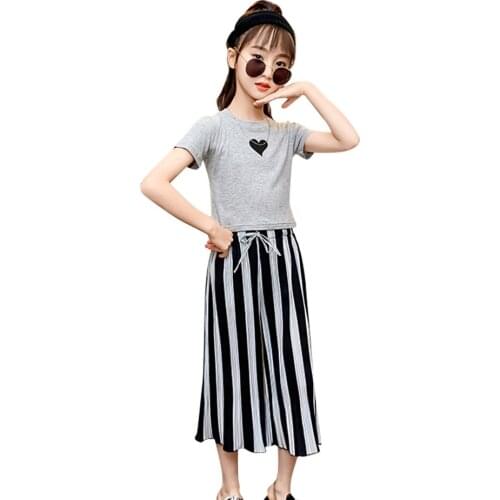 Clothes For Girls Tshirt + Striped Pants Girl Clothes Heart Pattern Girls Clothes Summer Kids Tracksuit 6 8 10 12 14