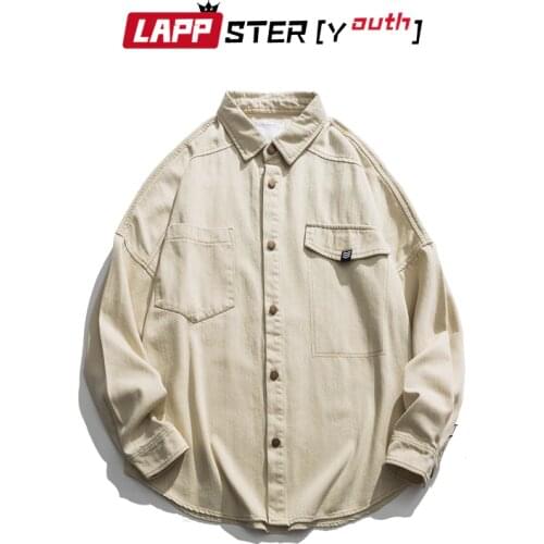 LAPPSTER-Youth Men Harajuku Vintage Cargo Shirts Long Sleeve 2020 Man Khaki Desginer Kpop Fashions Cotton Shirts Button Clothing