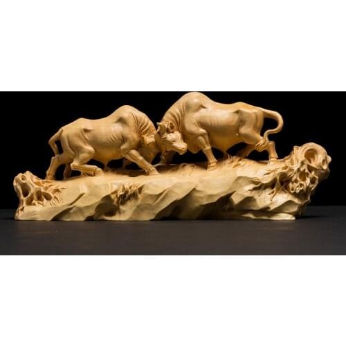 Boxwood 18cm 25cm Bull Sculpture Office Ornament Feng Shui House Animal Wood Statue Bull Home Decor